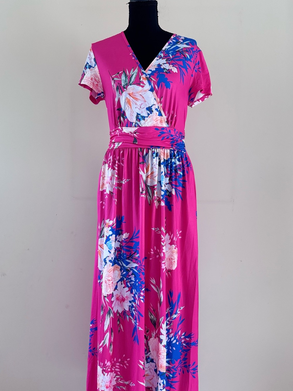 OUGES Pink Floral Wrap Maxi Dress with V-Neck